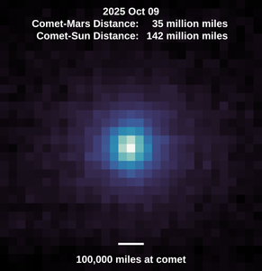 A square, pixelated image with a dark background. At the center is a roughly circular cluster of bright pixels, transitioning from white at the very center to light blue, then darker blue and purple as it spreads outward. The edges and corners of the image are mostly dark purple and black pixels.